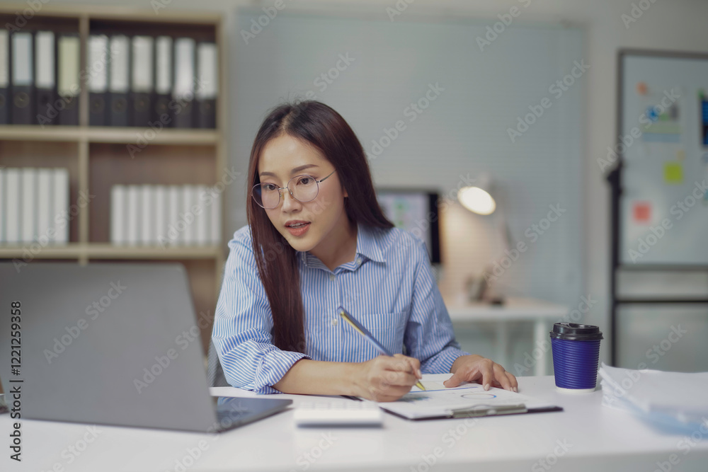 Young Asian businesswoman working at home office using laptop and taking notes Young Asian businesswoman working at home office using laptop and taking notes