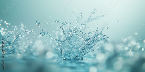 Close-up of a vibrant water splash frozen in mid-air, with crystal-clear droplets sparkling under soft lighting