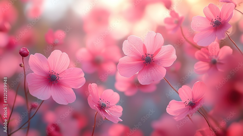 Obraz premium pink flower sway in wind with gentle sunlight, spring nature background