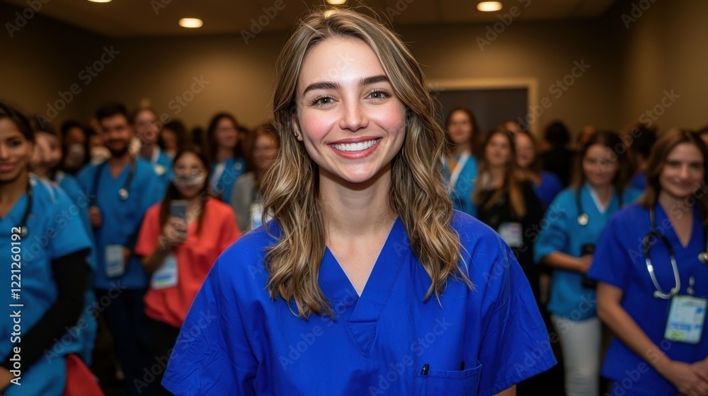 Fototapeta premium A confident healthcare worker ensuring secure and efficient data access for patients using advanced systems and glowing interfaces in a tech-forward clinic