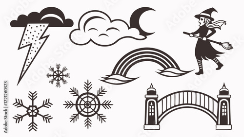 Flat icons silhouettes of mystical weather phenomena such as tornadoes, spirits, and enchanted snowflakes with an ethereal atmosphere