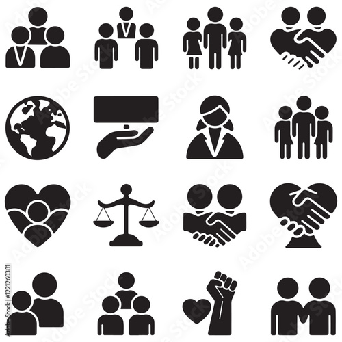 gender equality, community teamwork, diversity and collaboration Icon set, inclusion, partnership, human connection, justice, and unity for social issues, human rights, equality, gender roles, teamwor