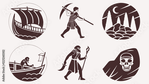 Flat icons silhouettes representing the mythological underworld with Cerberus, the River Styx, and coins as symbols of the afterlife