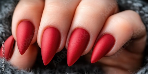 Sharp matte red stiletto nails on caucasian hand in cozy gray fabric