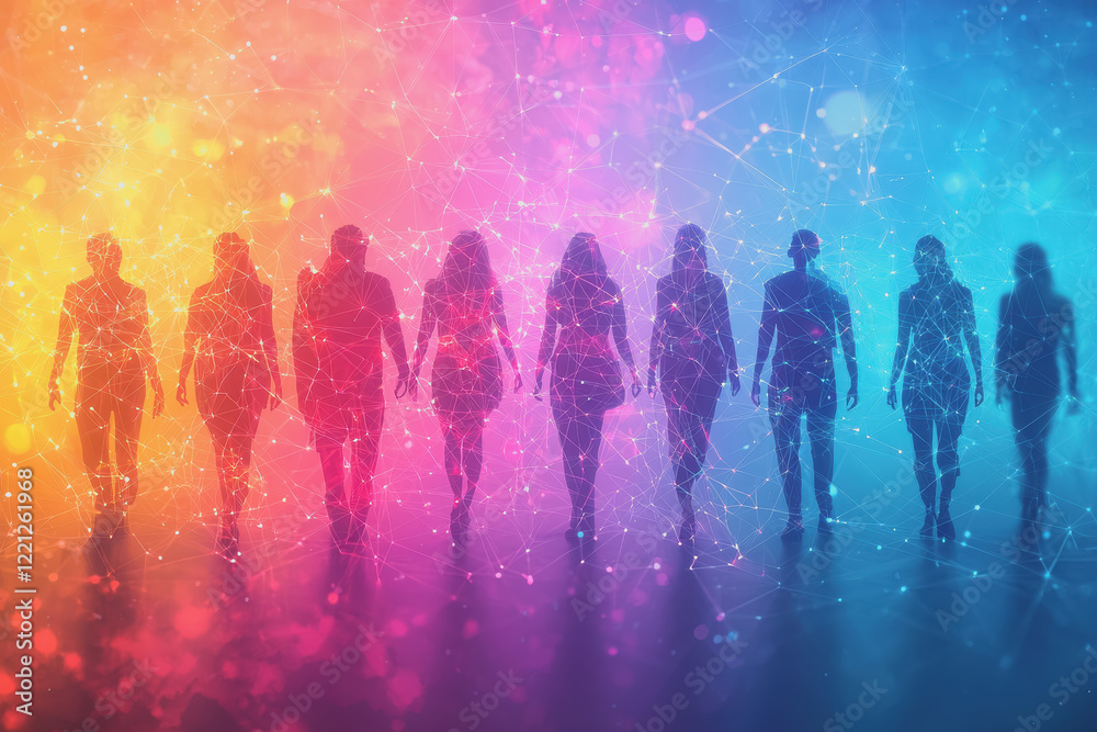 Obraz premium Silhouettes of people walking in a network representing connectivity and community interaction in urban environment