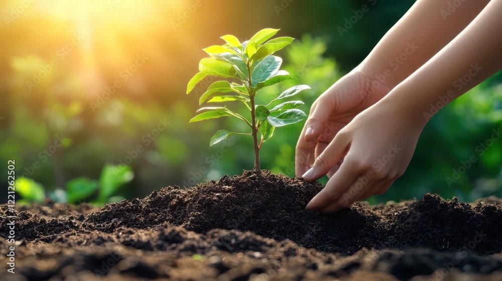 Hands are shown planting a young tree into sunlit soil, symbolizing the nurturing and growth concept. The scene is illuminated by natural sunlight, highlighting the care and attention involved in fost Hands are shown planting a young tree into sunlit soil, symbolizing the nurturing and growth concept. The scene is illuminated by natural sunlight, highlighting the care and attention involved in fost