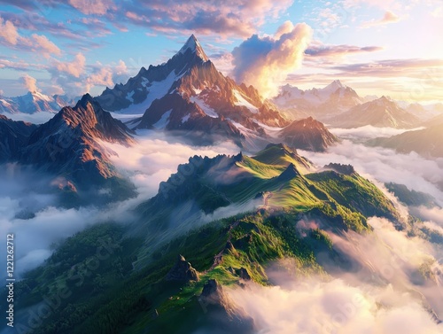 Majestic sunrise over mountain range cloud-covered peaks nature landscape breathtaking view gigapixel resolution photo