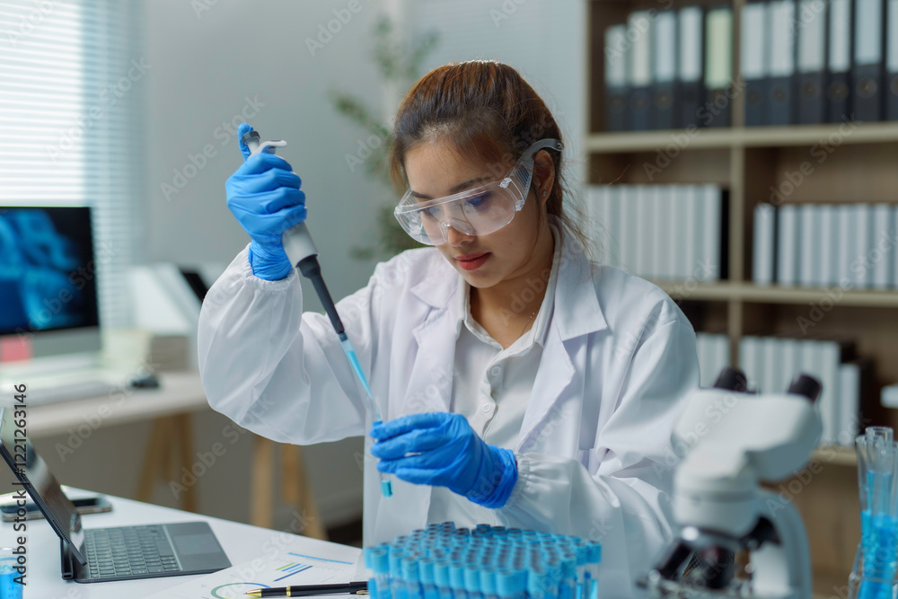 Fototapeta premium Scientist dropping blue liquid in test tube using micropipette during experiment in laboratory