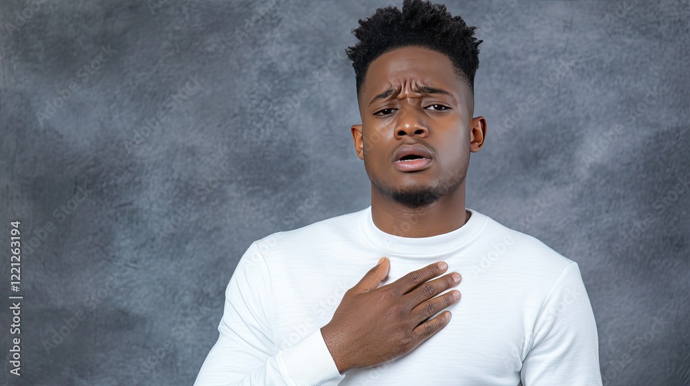Man displaying emotions with hand on chest in front of textured gray background during indoor portrait session Man displaying emotions with hand on chest in front of textured gray background during indoor portrait session