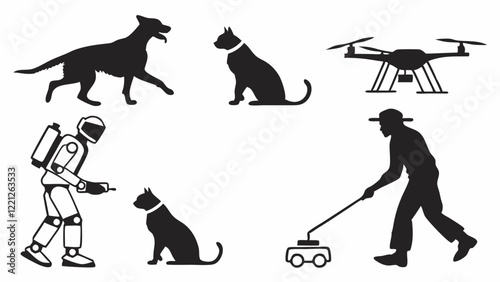 Flat icons silhouettes of robotic pets, drones, AI assistants, and helpers in a futuristic setting
