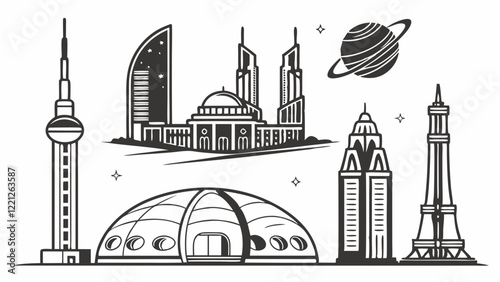 Flat icons silhouettes of space architecture featuring floating cities and asteroid skyscrapers