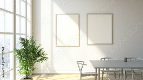 Light and airy eating room featuring a table with seats, a stand, and a mockup frame. The space is designed to be inviting and functional, ideal for dining and gatherings.