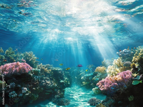 Fototapeta Naklejka Na Ścianę i Meble -  Underwater coral reef exploration tropical ocean gigapixel image vibrant environment sunlit viewpoint marine life concept