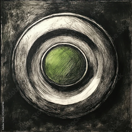 Abstract circular plate graphic, with central green sphere. Possible use as art print photo