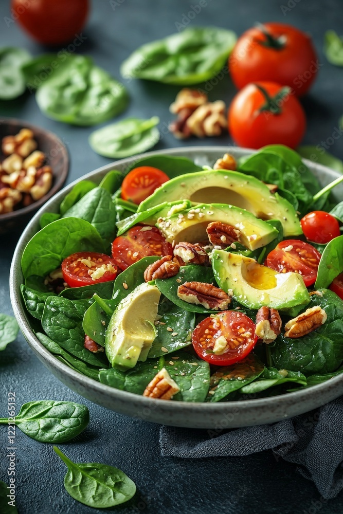 Fresh salad bowl filled with spinach, avocado, cherry tomatoes, nuts, and a drizzle of dressing Fresh salad bowl filled with spinach, avocado, cherry tomatoes, nuts, and a drizzle of dressing
