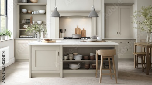 Light kitchen interior featuring an island with seating and a range of kitchenware. The space is bright and airy, ideal for cooking and dining.