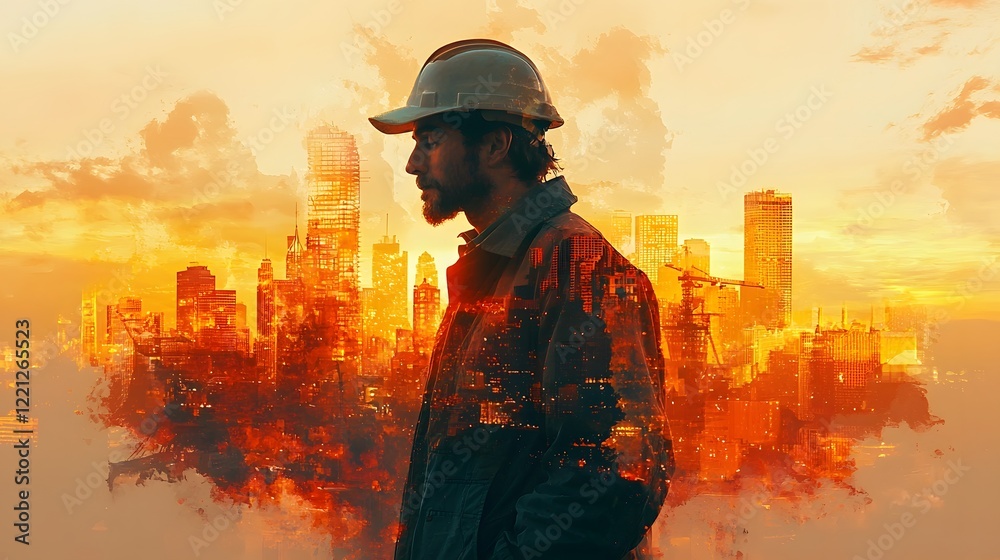 Construction Worker Silhouette with Cityscape Sunset Double Exposure Effect Construction Worker Silhouette with Cityscape Sunset Double Exposure Effect