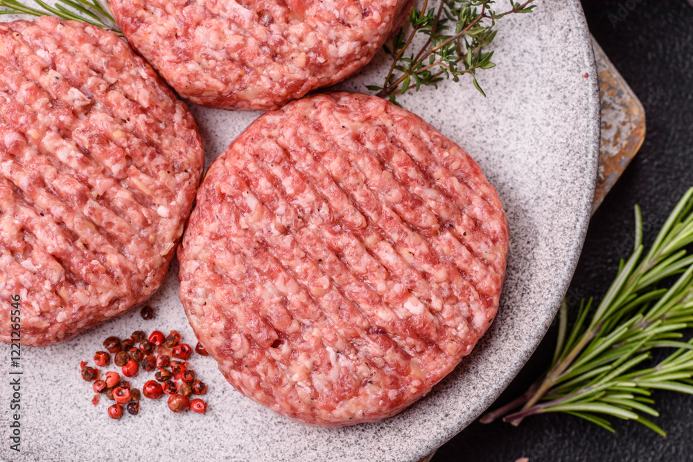 Fresh raw ground beef burger patty with salt and spices Fresh raw ground beef burger patty with salt and spices