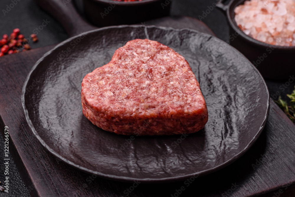 Raw beef or pork burger patty in the shape of a heart Raw beef or pork burger patty in the shape of a heart