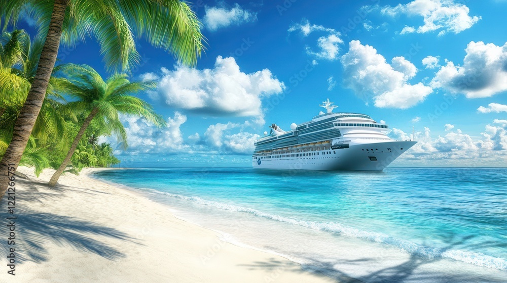 Fototapeta premium Luxury Cruise Ship at Tropical Paradise Beach