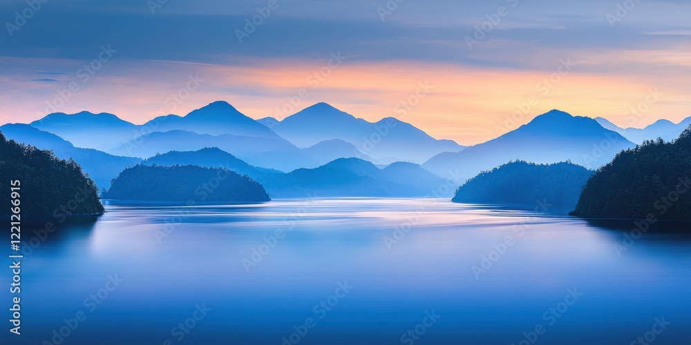 Serene sunrise over tranquil lake surrounded by mountains wide-angle view nature landscape Serene sunrise over tranquil lake surrounded by mountains wide-angle view nature landscape