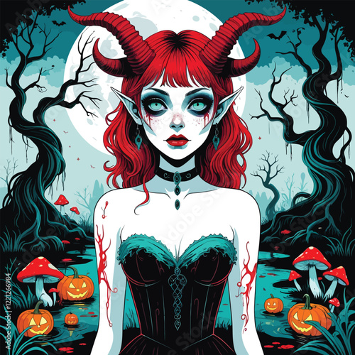 Enchanting Demon Girl in a Halloween Swamp