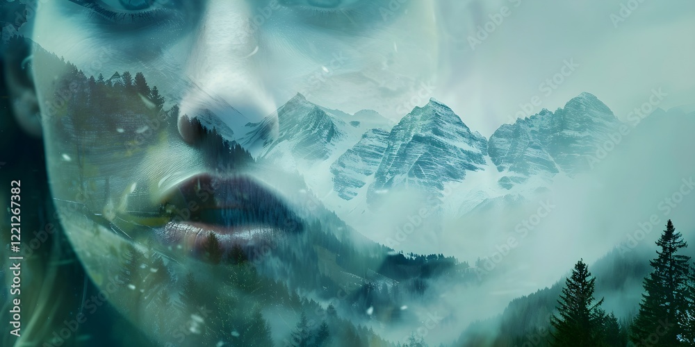 Fototapeta premium Peaceful Double Exposure of a Serene Woman's Face