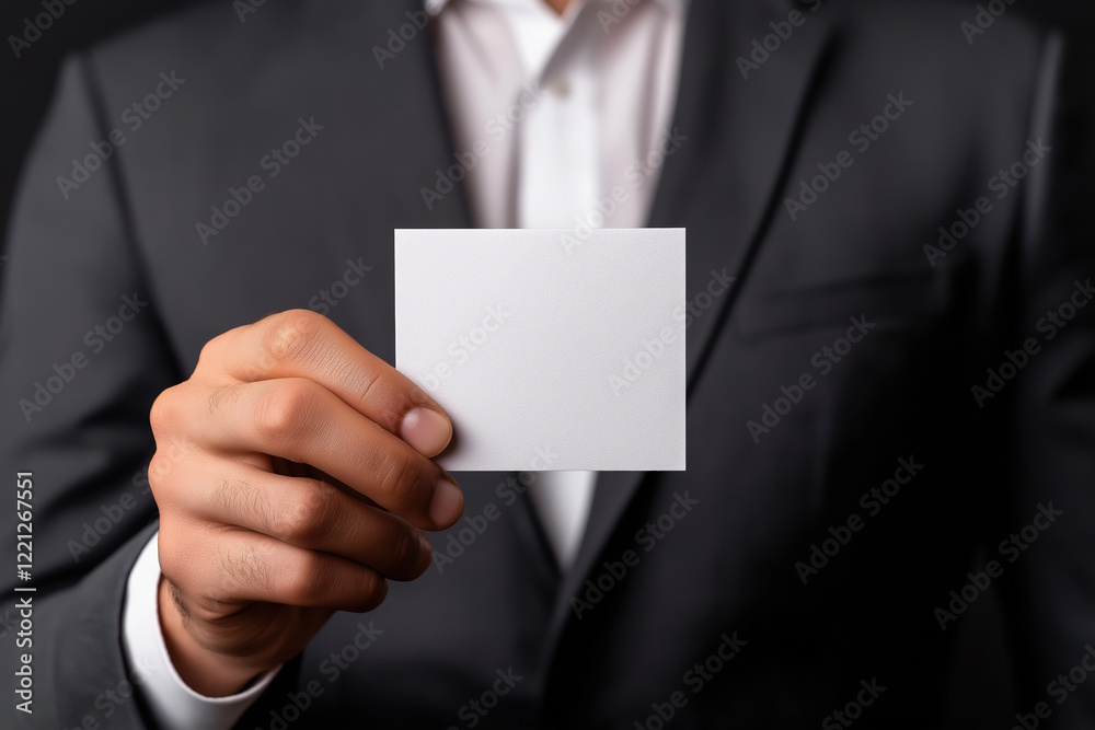 Business professional displaying a blank card in a formal suit against a dark background Business professional displaying a blank card in a formal suit against a dark background