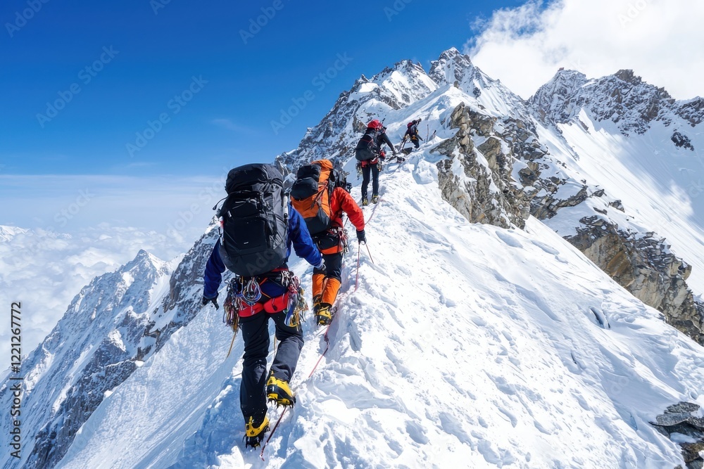 Climbing the summit a group of adventurers ascending a snow-capped mountain outdoors photography inspirational journey Climbing the summit a group of adventurers ascending a snow-capped mountain outdoors photography inspirational journey