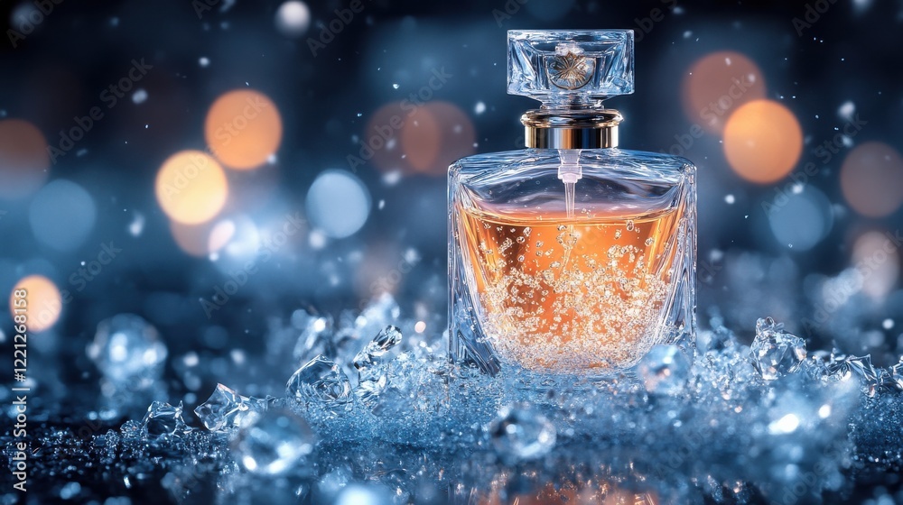 Elegant Glass Perfume Bottle with Bokeh and Ice Cubes Background Elegant Glass Perfume Bottle with Bokeh and Ice Cubes Background