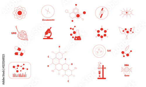 Set of vector icons for biological laboratory, scientific articles, badges in microbiology and genetic engineering research