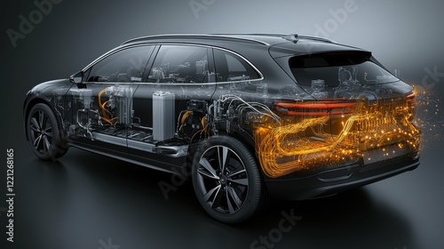 A detailed illustration of a hybrid vehicle battery, with visible components and wiring, emphasizing the technology behind eco-friendly cars