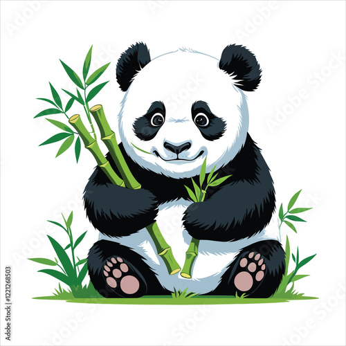 A charming illustration of a young panda cub, seated and happily holding two stalks of bamboo.