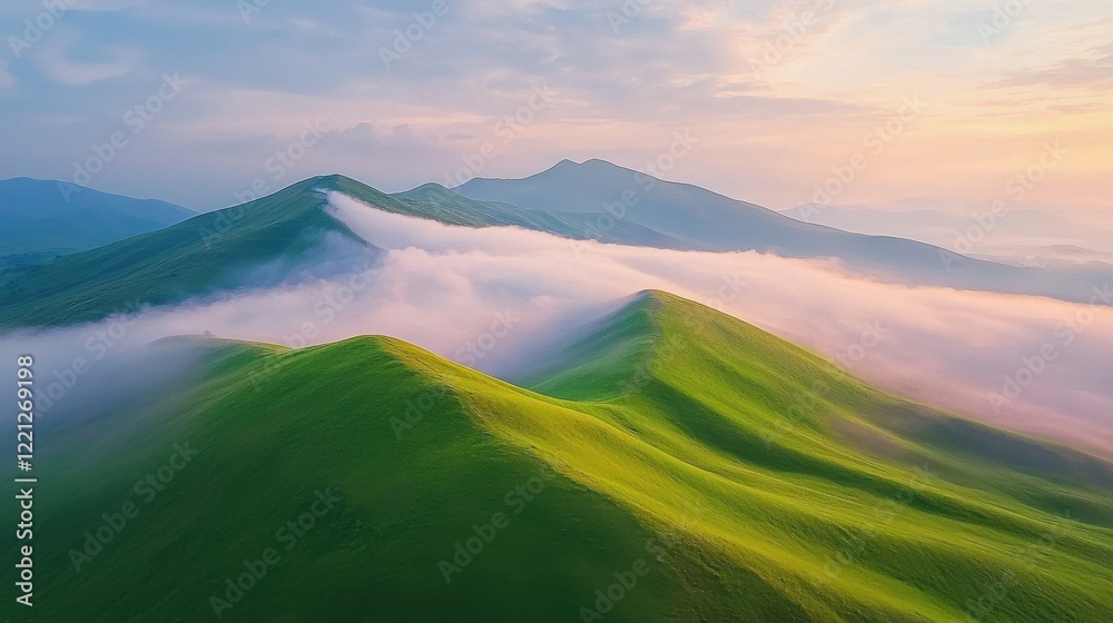 Fototapeta premium Tranquil sunrise over rolling hills serene landscape soft pastel colors aerial viewpoint peaceful environment