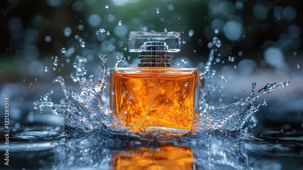 Elegant Orange Perfume Bottle Splashed in Water with Bokeh Background Elegant Orange Perfume Bottle Splashed in Water with Bokeh Background