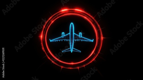 Graphic illustration of a neon airplane icon in red and blue colors against a dark background, representing travel.
