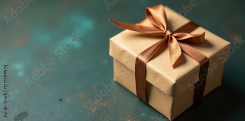 Gift box wrapped in earthy brown ribbon tied at top, brown gift ribbon, wrapping material