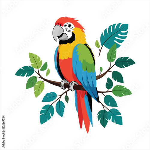 Colorful macaw perched on a branch with tropical leaves.