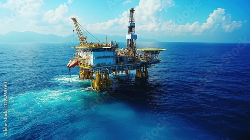 A close-up of an offshore oil rig in the East China Sea, with workers operating machinery on the platform and a vast ocean surrounding it, highlighting the complexity of offshore drilling