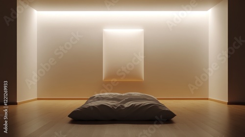 A minimalist room with a white rectangular light panel on the back wall and a rumpled white duvet on the wooden floor