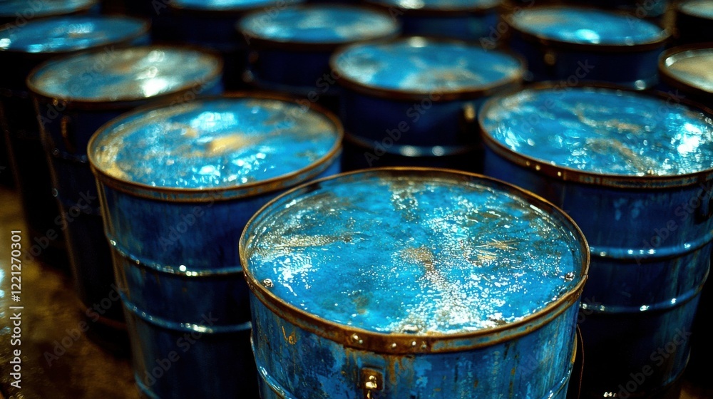 A detailed view of blue metal oil barrels arranged in rows inside a warehouse, emphasizing the industrial atmosphere and efficient storage solutions for oil-based products A detailed view of blue metal oil barrels arranged in rows inside a warehouse, emphasizing the industrial atmosphere and efficient storage solutions for oil-based products