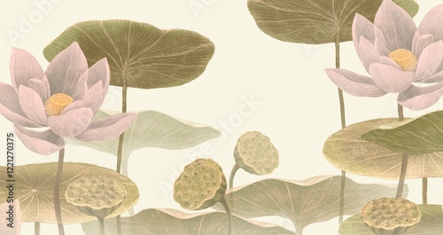 Lotus flower and leaf. nature art. drawing artwork. botanical background.	
