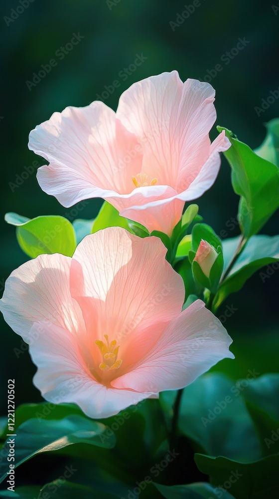 Close-up of pink blooms in a lush garden capturing natural light and soft glow serene nature environment Close-up of pink blooms in a lush garden capturing natural light and soft glow serene nature environment