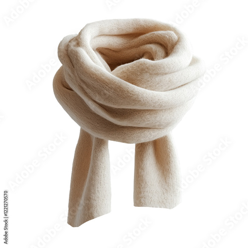 Soft beige wool scarf neatly folded and tied, isolated on a transparent background. Close-up of a cozy, textured accessory, ideal for winter fashion, casual wear, or seasonal clothing designs. photo