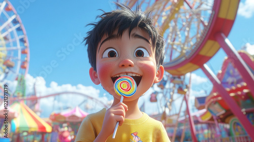 А very happy, delighted and joyful boy eats a lollipop. Looking straight ahead. In the background is a bright amusement park. 
