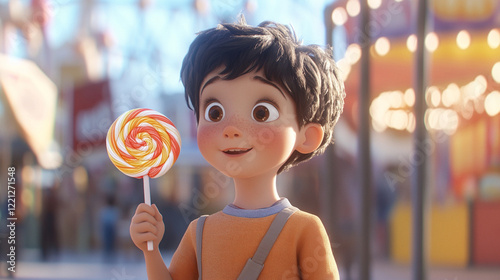 А very happy, delighted and joyful boy eats a lollipop. Looking straight ahead. In the background is a bright amusement park. 