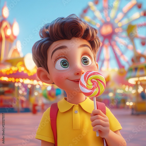 А very happy, delighted and joyful boy eats a lollipop. Looking straight ahead. In the background is a bright amusement park. 