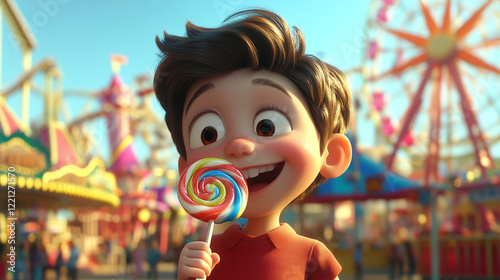 А very happy, delighted and joyful boy eats a lollipop. Looking straight ahead. In the background is a bright amusement park. 