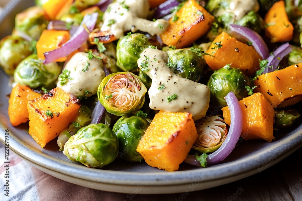 A rustic roasted vegetable salad with butternut squash, red onion, and Brussels sprouts, topped with a tahini dressing. A rustic roasted vegetable salad with butternut squash, red onion, and Brussels sprouts, topped with a tahini dressing.
