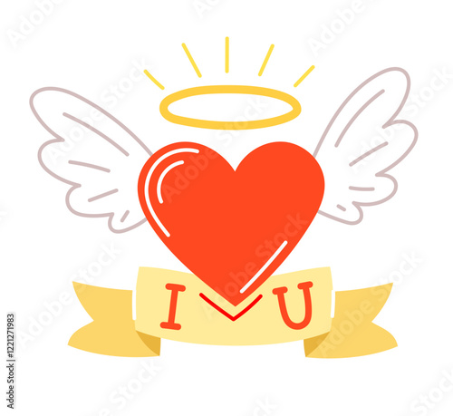 Heart with wings and nimbus symbol of affection, relationship, romantic. Hand drawn, line illustration for prints, valentine's day cards. Isolated vector illustration.  Editable stroke.